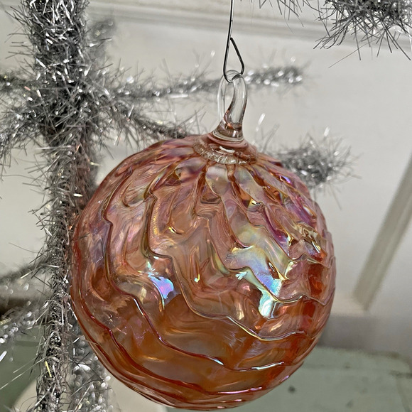 Hanging Art Glass Friendship Ball Ornament Pink Swirl Textured Iridescent Gazing - Picture 2 of 7